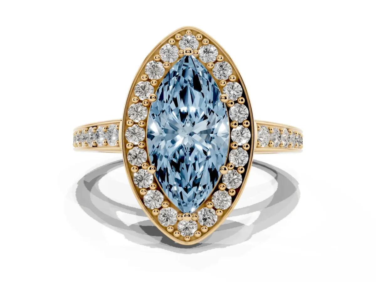 Fancy Blue Marquise Cut Halo Pavé Diamond Engagement Ring with Bezel Setting Yellow gold