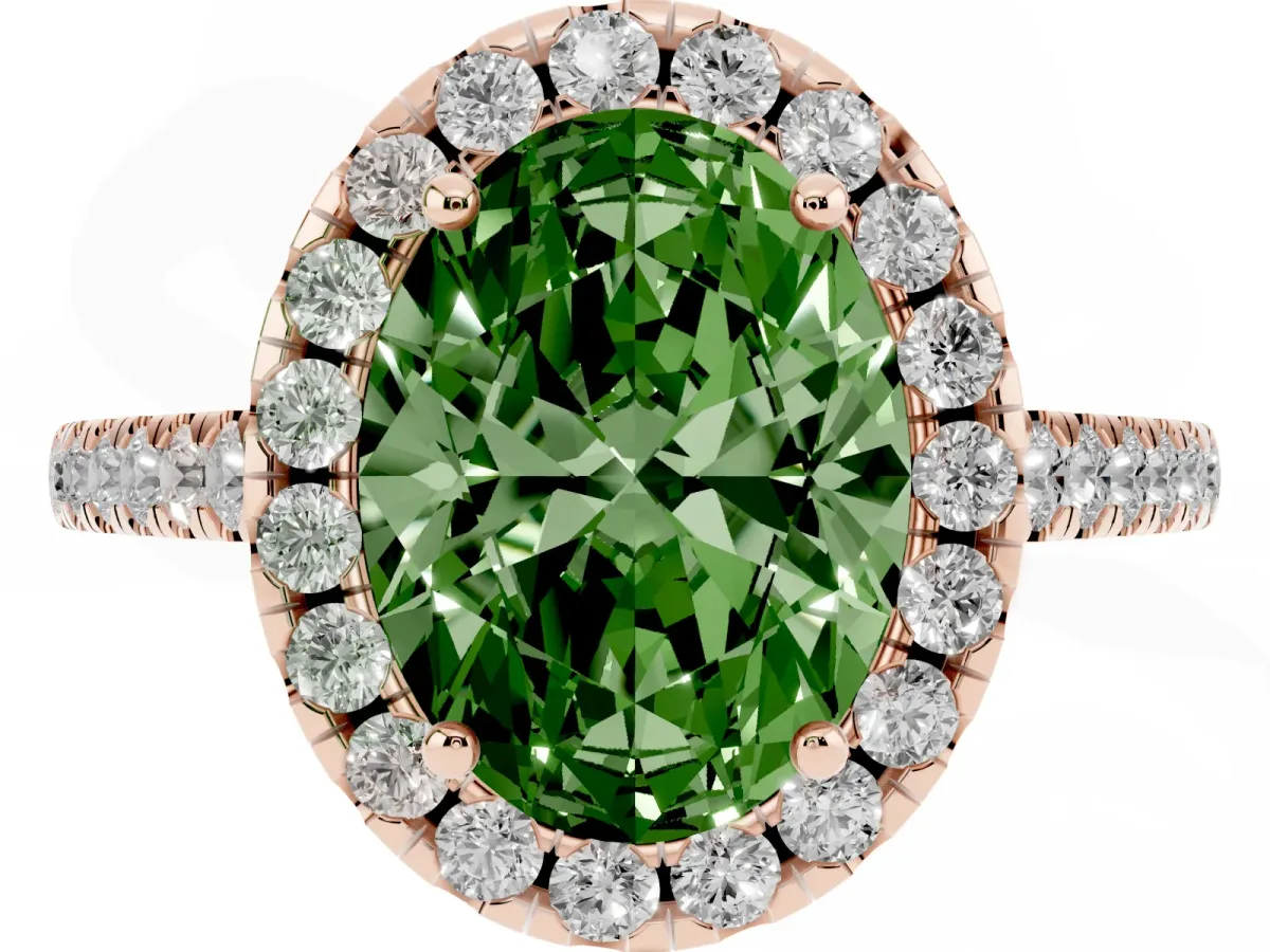 Fancy Green Oval Cut Halo Pavé Diamond Engagement Ring with Four-Prong Setting Rose gold