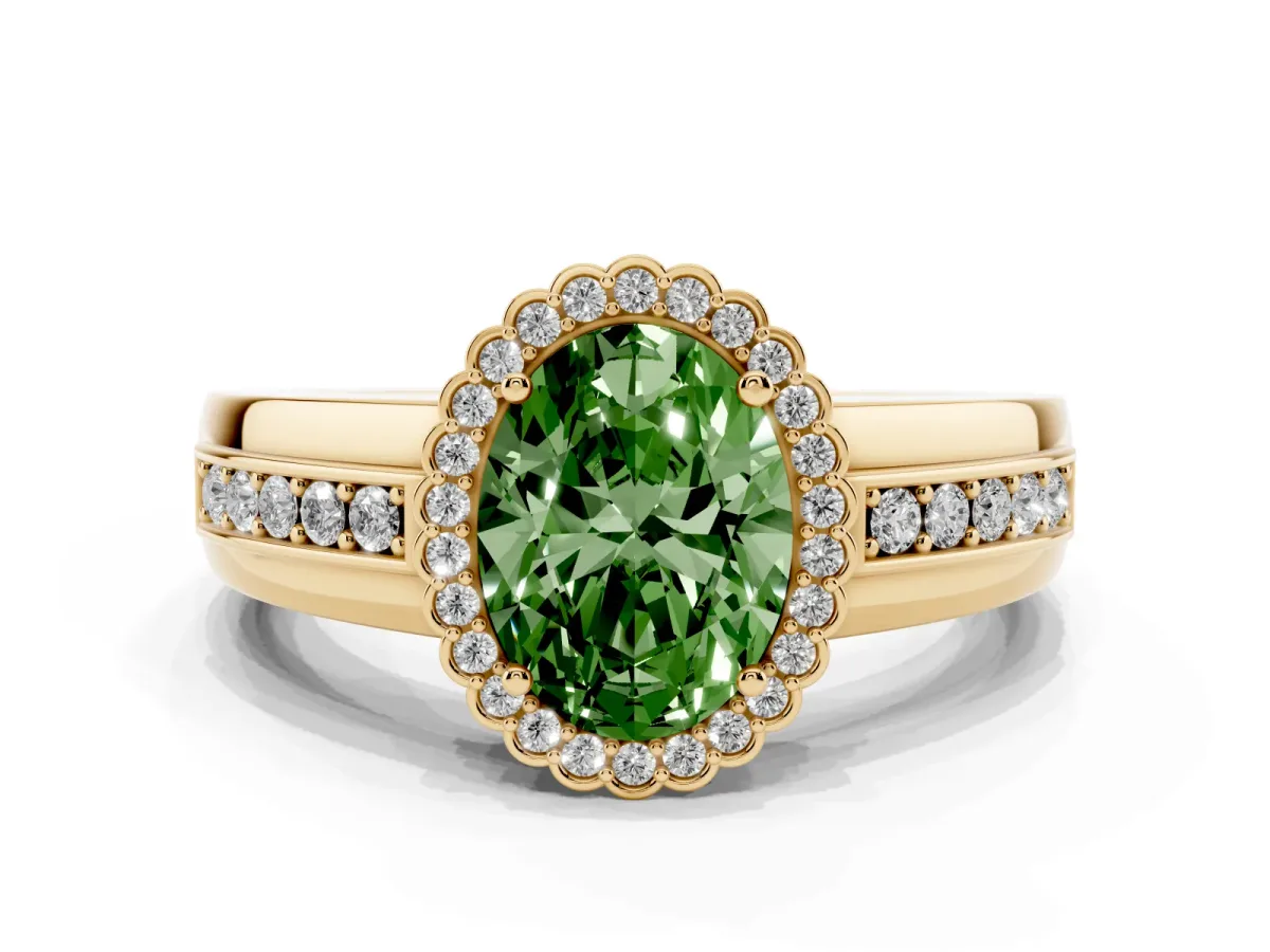 Fancy Green Oval Cut Cut Halo Pave Band Four-Prong Ring Yellow gold