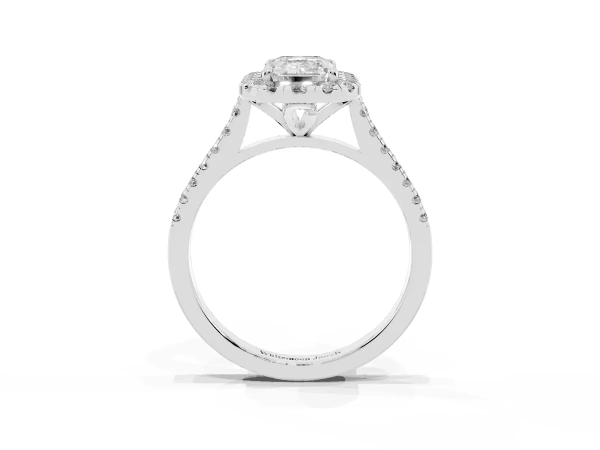 Emerald Cut Diamond Cushion Halo Ring with Pavé Band Silver