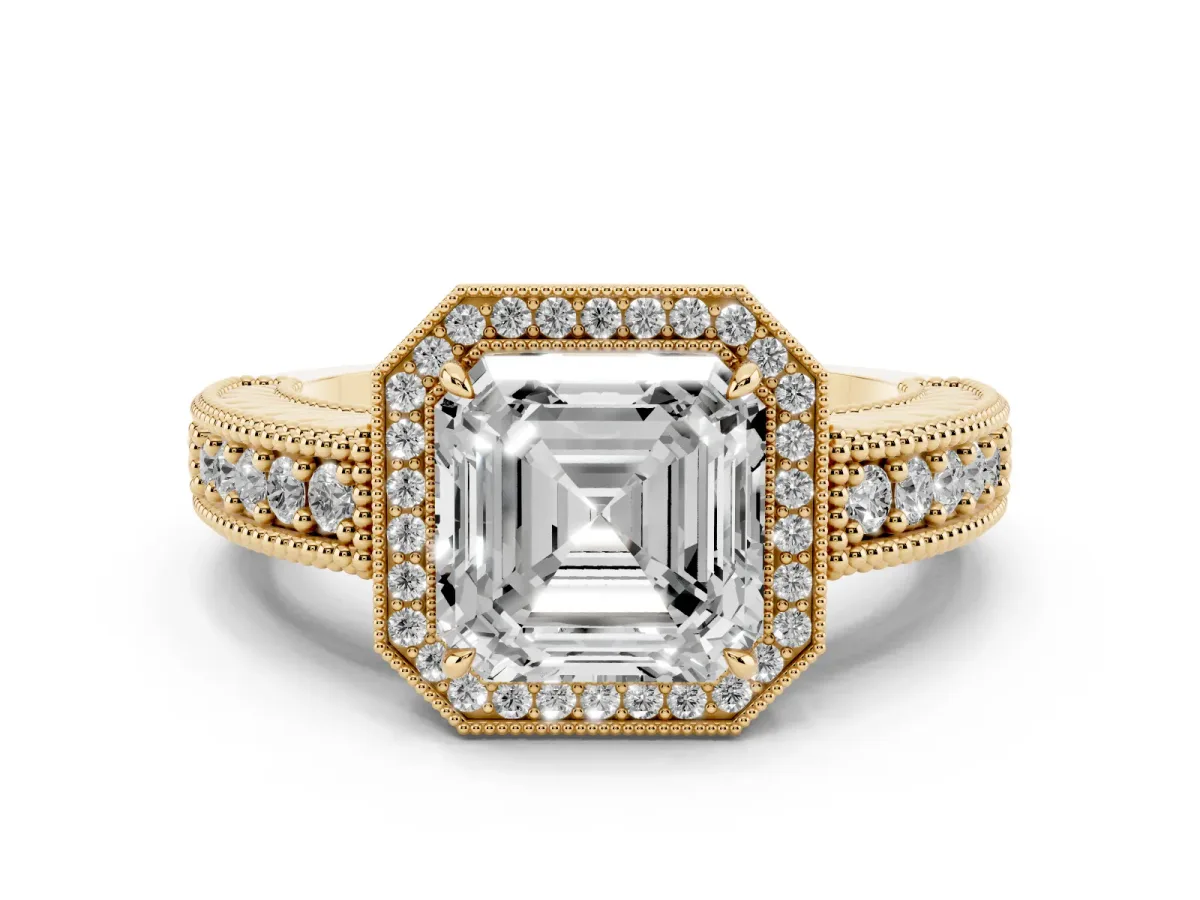 Asscher Cut Cut Halo Diamond Ring with Pavé Band and Four-Prong Setting Yellow gold