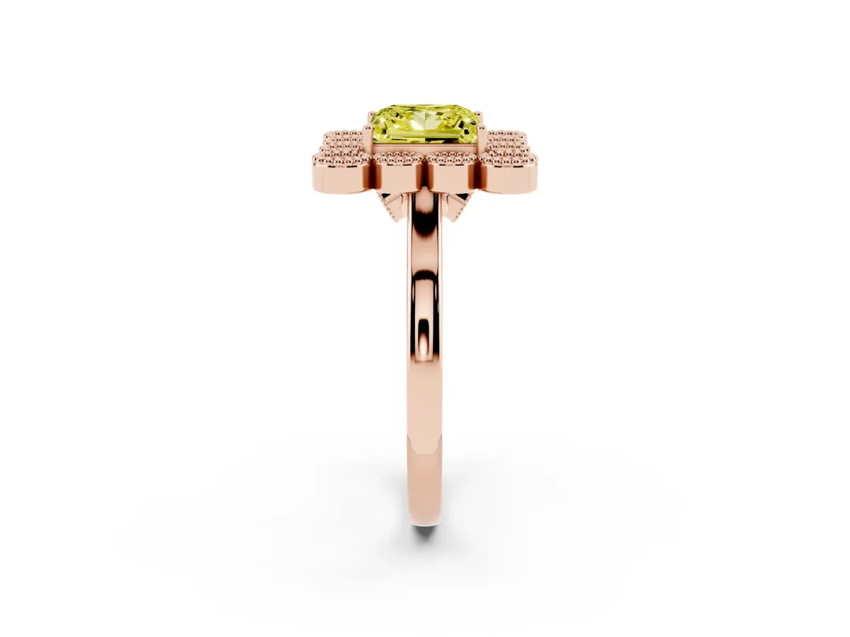 Fancy Yellow Princess Cut Halo Diamond Cluster Engagement Ring with Milgrain Bezel Setting and Solitaire Band Rose gold