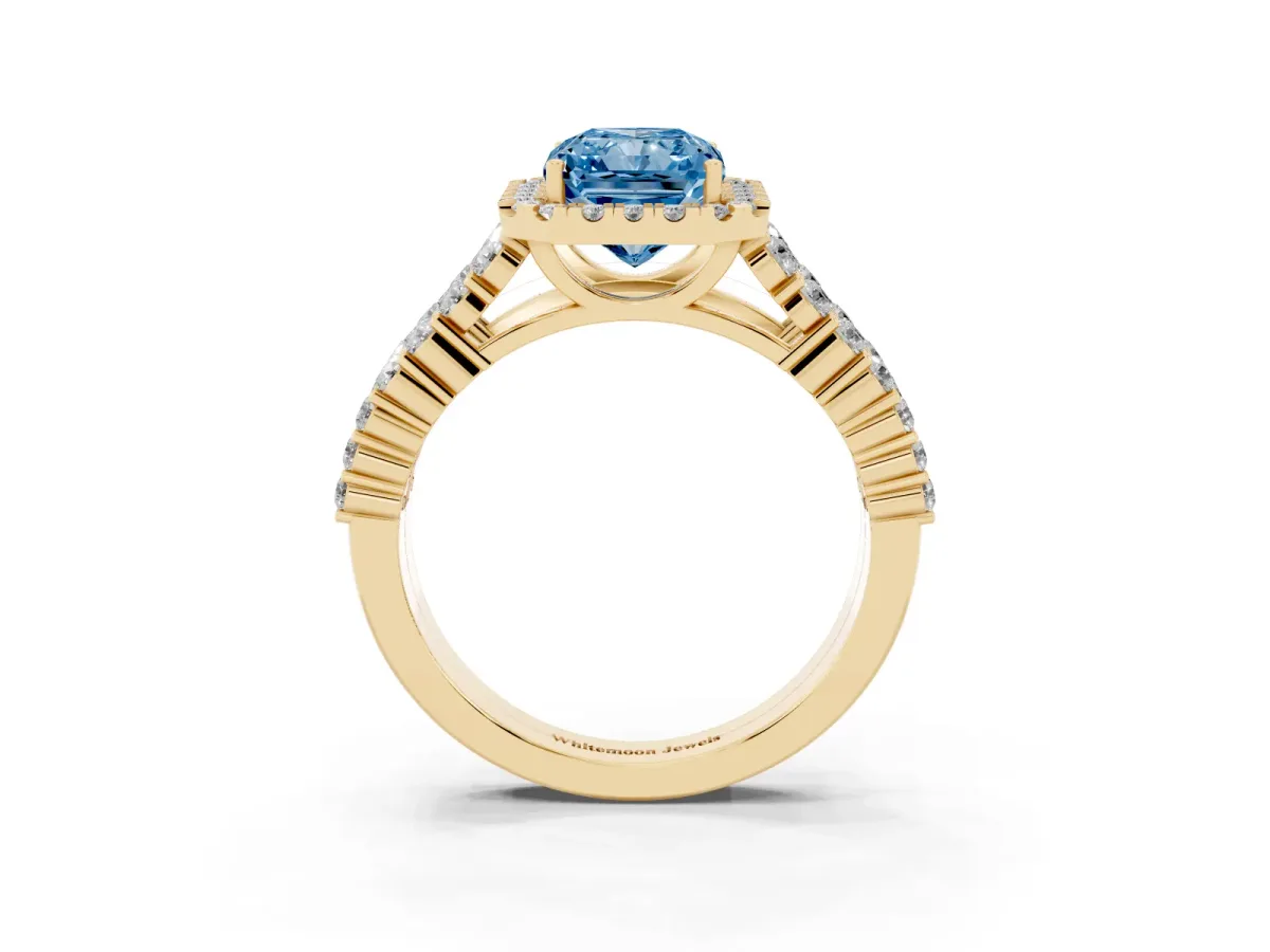Fancy Blue Radiant Cut Diamond Halo Engagement Ring with Triple Row Round Pavé Band and Prong Setting Yellow gold