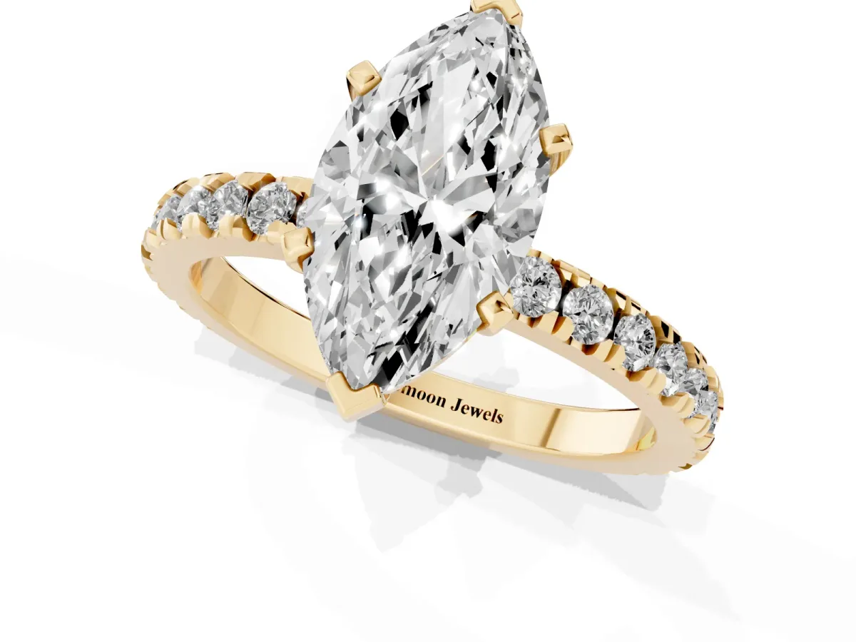 Marquise Cut Diamond Pavé Band Solitaire with Four-Prong Setting Yellow gold