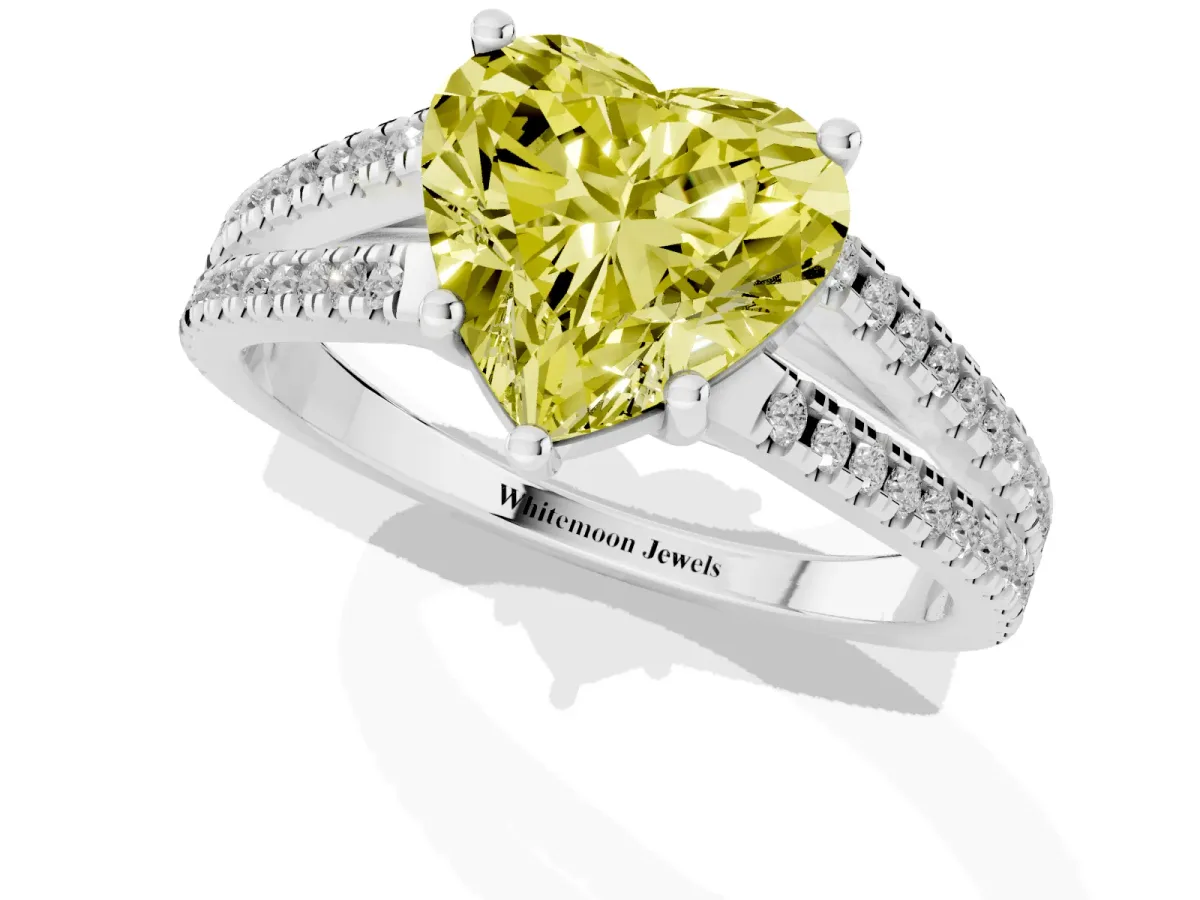 Fancy Yellow Heart Cut Diamond Solitaire Engagement Ring with Split Shank Pavé Band Silver