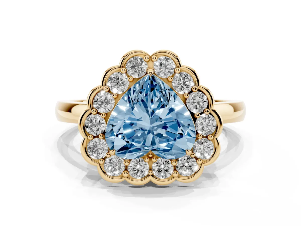 Fancy Blue Heart Cut Halo Cluster Diamond Engagement Ring with Solitaire Band and Prong Setting Yellow gold
