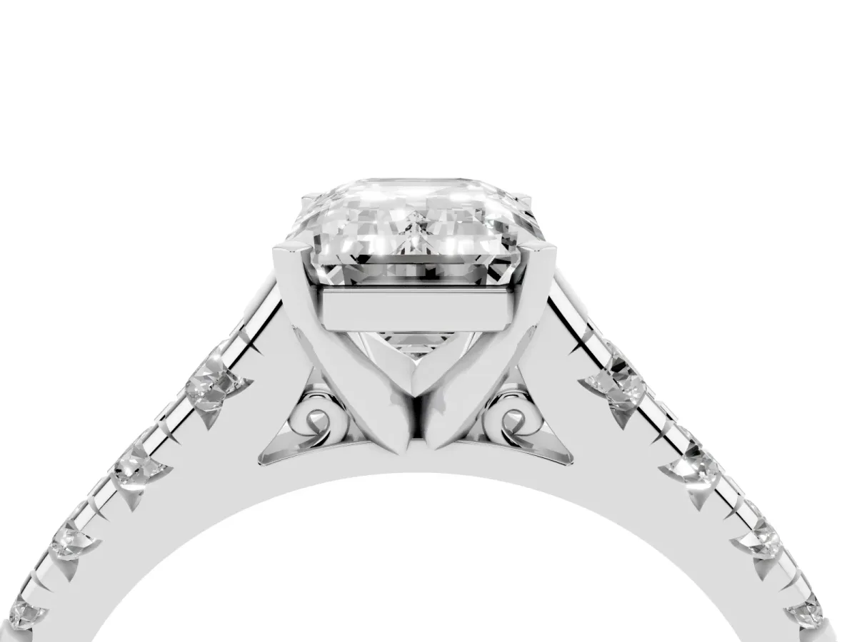 Emerald Cut Diamond Cathedral Solitaire Ring with Round Pavé Band Silver