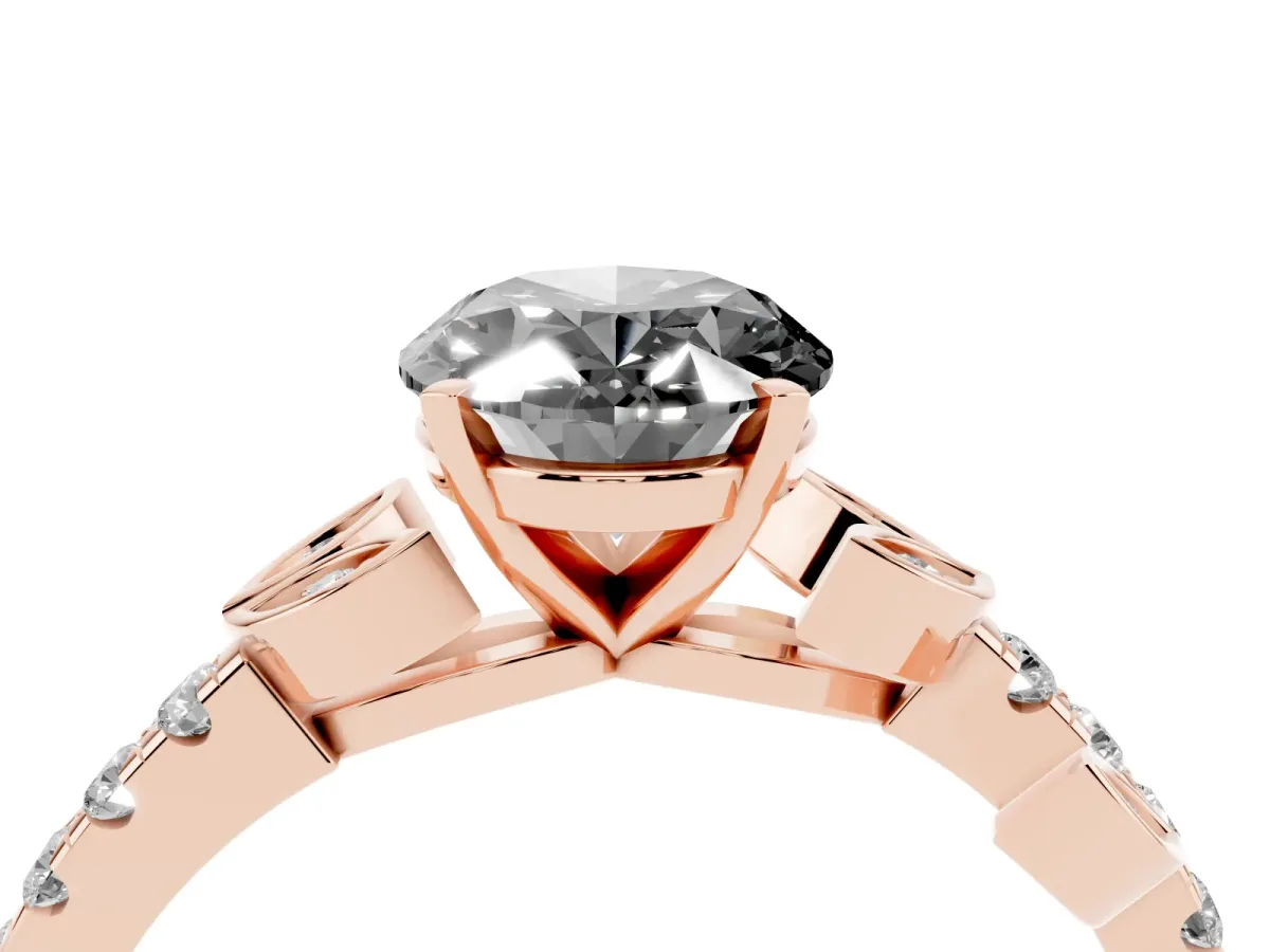 Fancy Black Oval Cut Solitaire Leaf-Inspired Diamond Ring with Pavé Band and Four-Prong Setting Rose gold