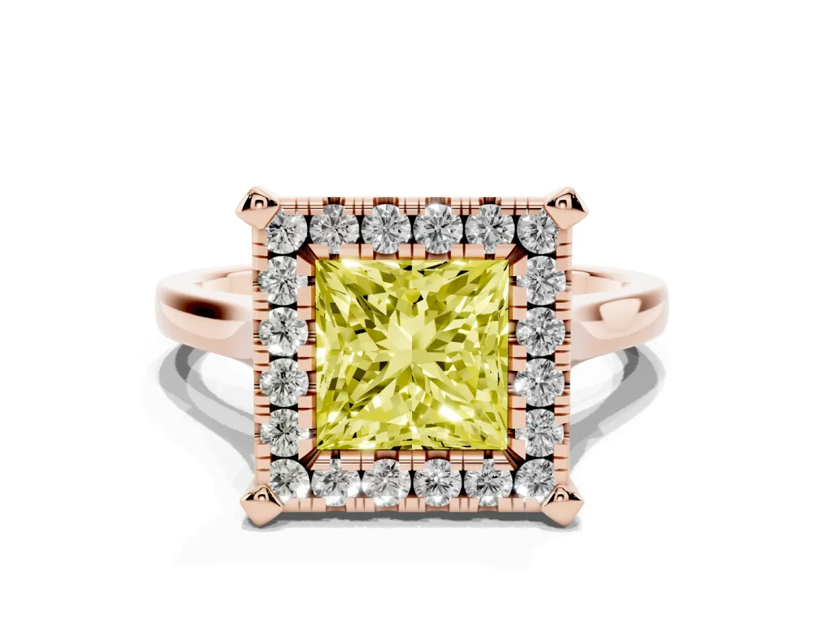 Fancy Yellow Princess Cut Diamond Cluster Halo Solitaire with Four-Prong Setting Rose gold