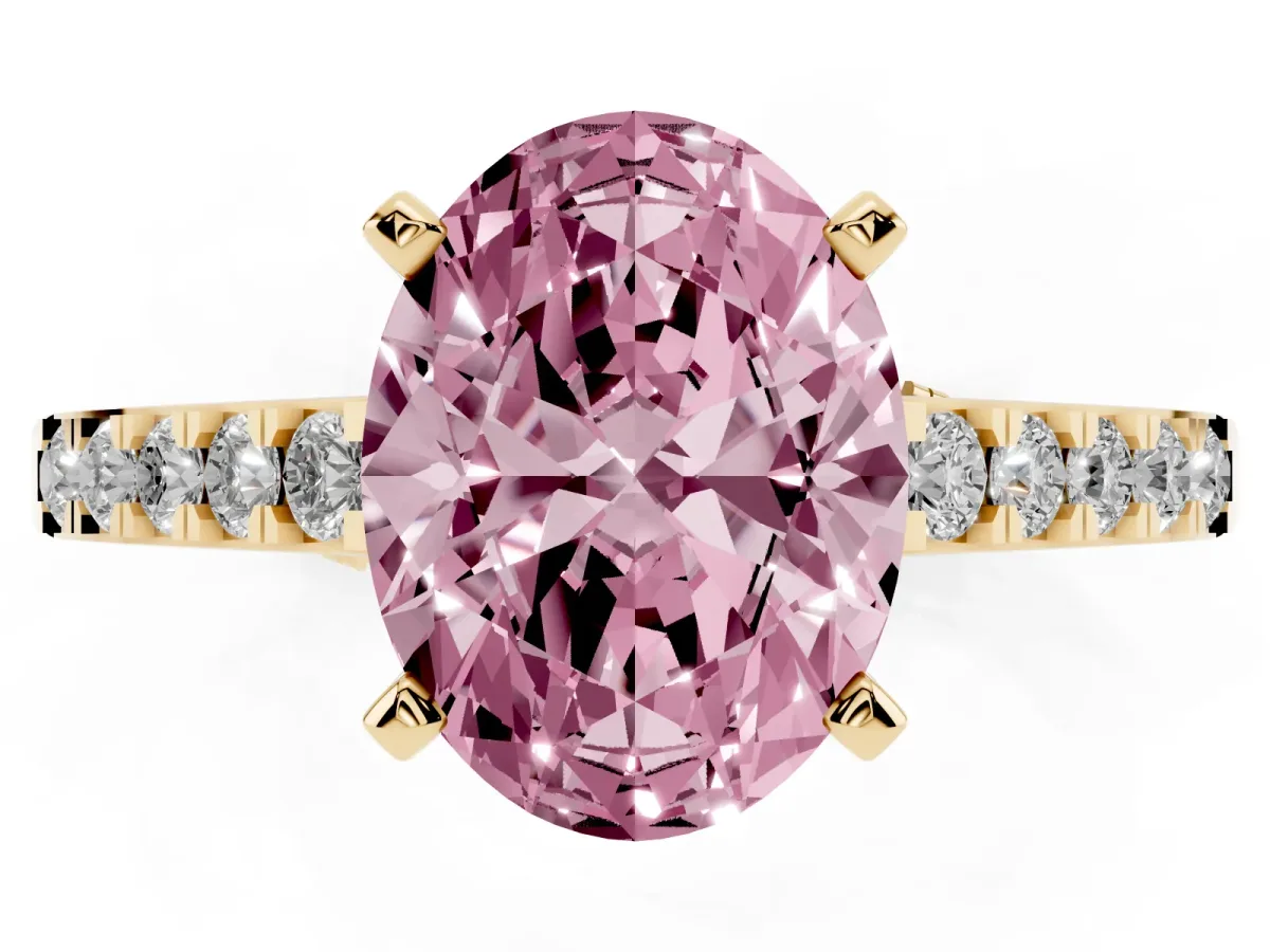Fancy Pink Oval Cut Diamond Solitaire Ring with Crossover Gallery and Round Pavé Band Yellow gold