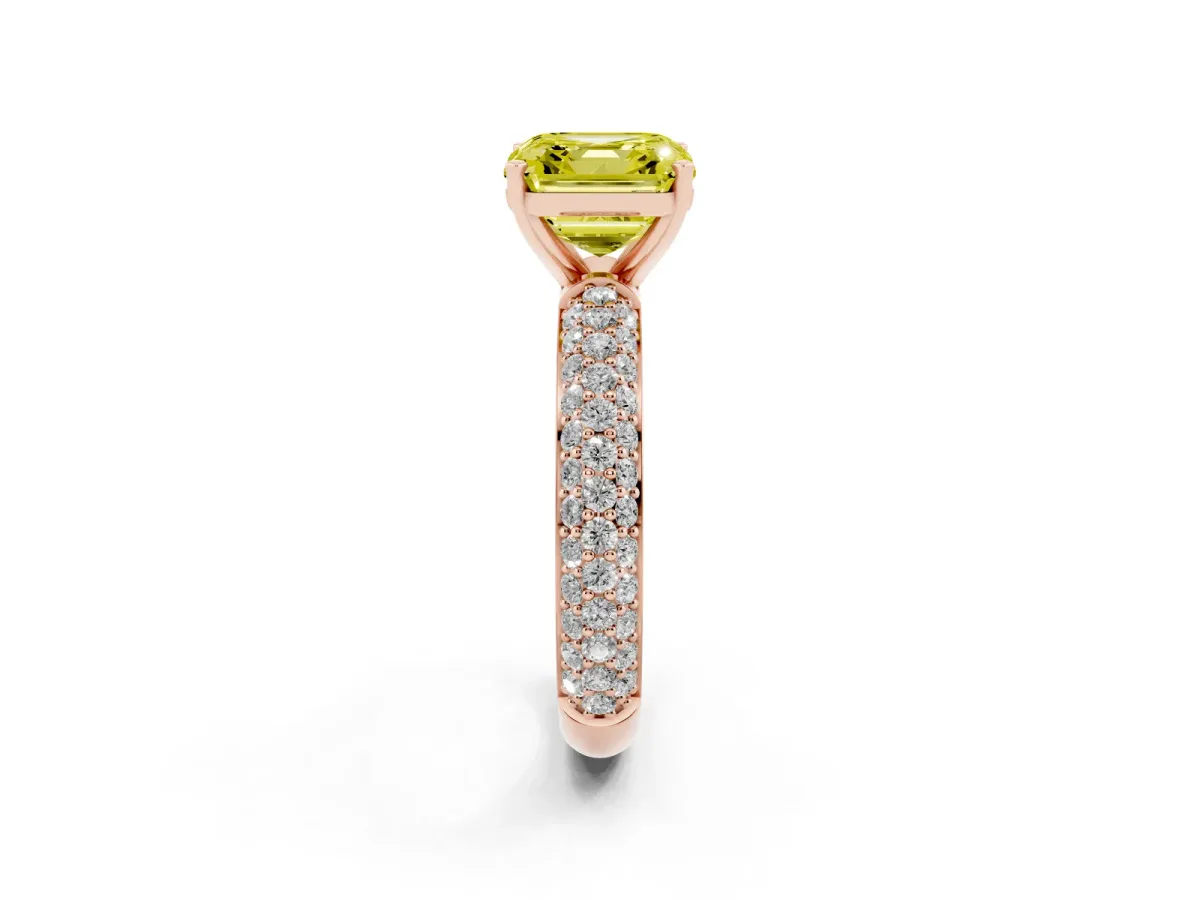 Fancy Yellow Asscher Cut Diamond Solitaire Ring with Prong Setting and Pavé Band Rose gold