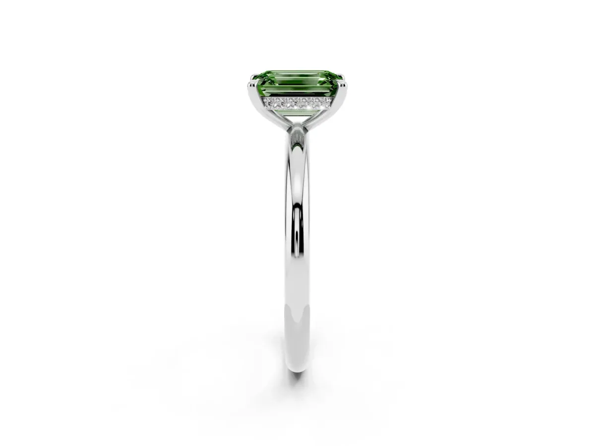 Fancy Green Emerald Cut Diamond Solitaire Ring with Thin Band and Four-Prong Setting Silver