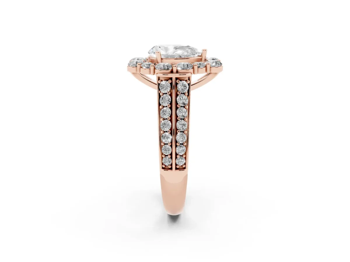 Pear Cut Halo Diamond Engagement Ring with Split Shank and Prong Setting Rose gold