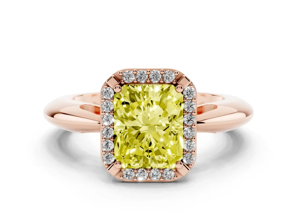 Fancy Yellow Radiant Cut Cut Diamond Halo Engagement Ring with Split Shank and Four-Prong Setting Rose gold