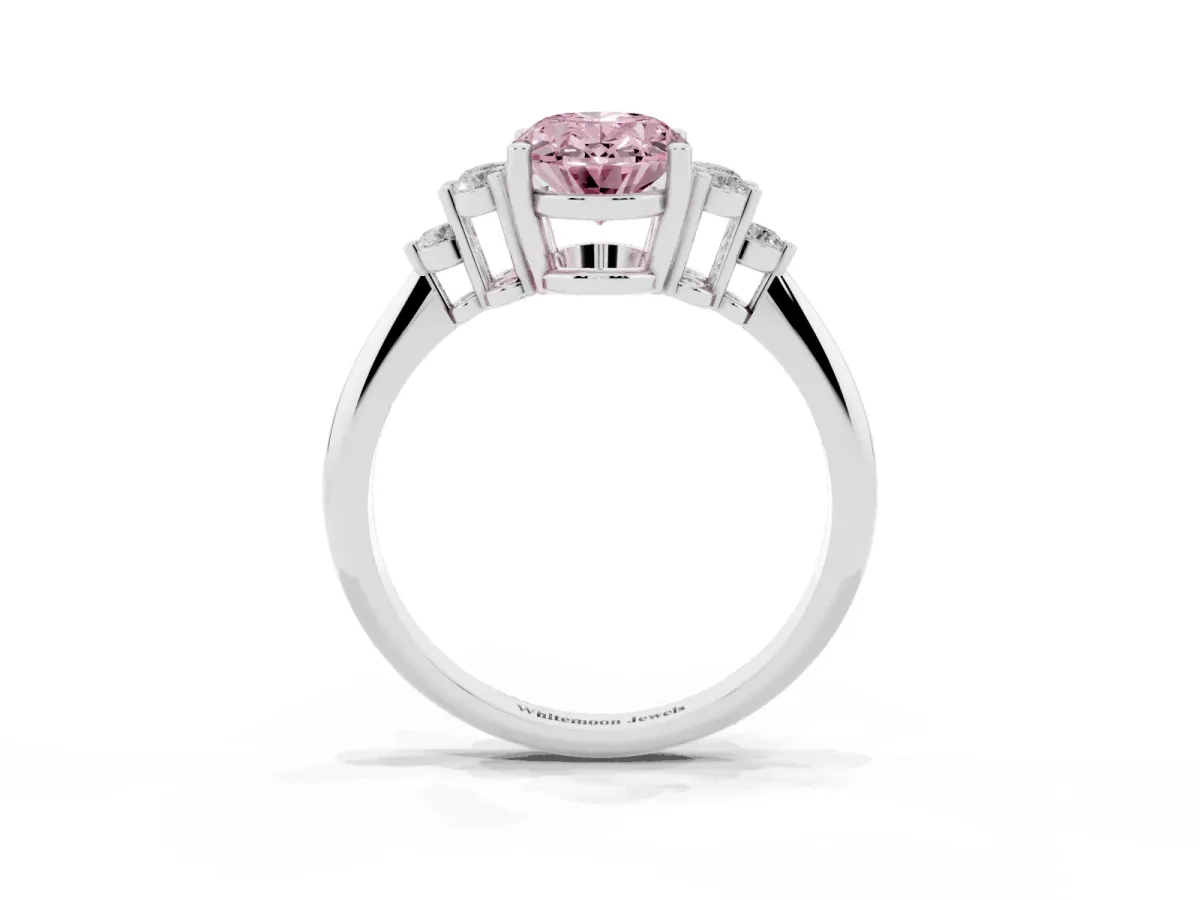 Fancy Pink Oval Cut Cut Diamond Cluster Ring with Solitaire Band and Four-Prong Setting Silver