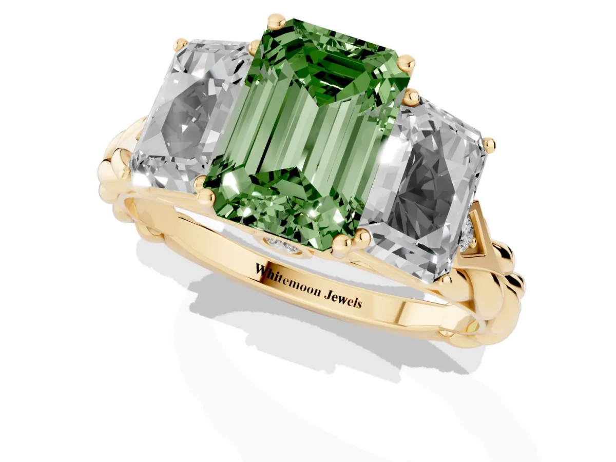 Fancy Green Three-Stone Emerald Cut Diamond Braided Band Ring with Four-Prong Setting Yellow gold