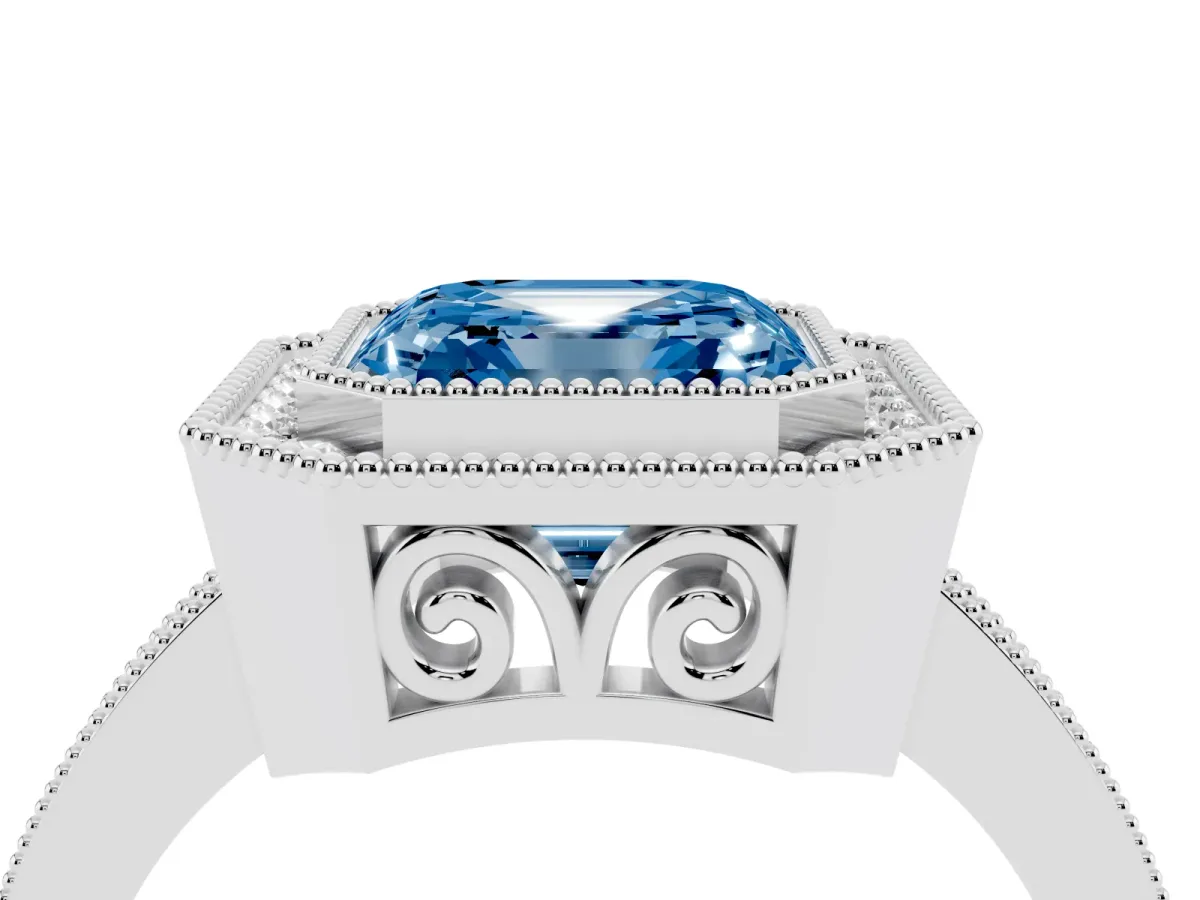 Fancy Blue Asscher Cut Cut Halo Diamond Ring with Pavé Band and Milgrain Prong Setting Silver