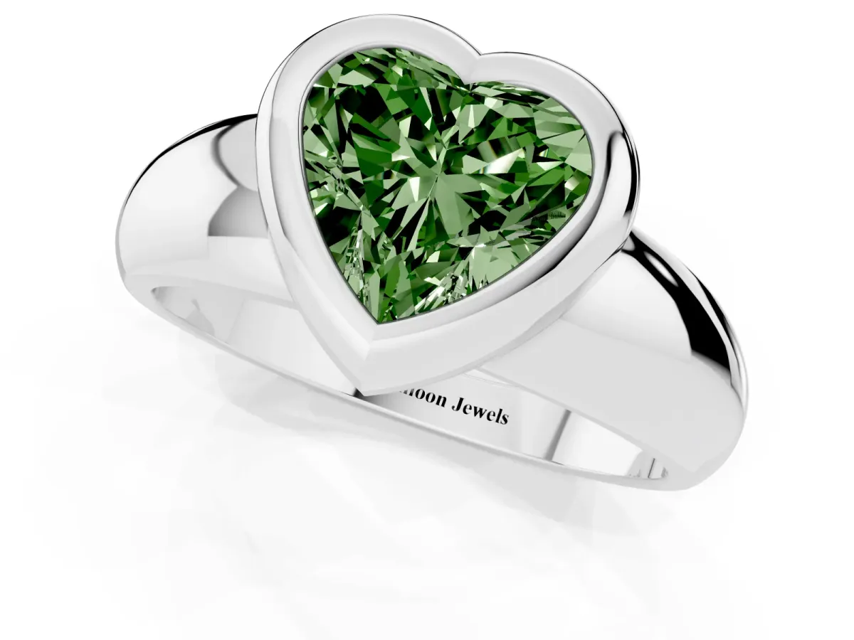 Fancy Green Bezel Set Heart Cut Solitaire Ring with Wide Band Platinum