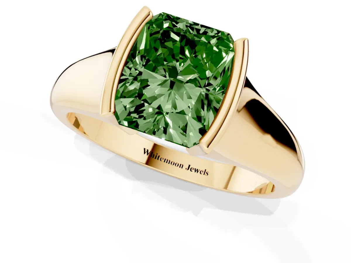 Fancy Green Radiant Cut Solitaire Tension Set Diamond Ring with Split Shank Band Yellow gold