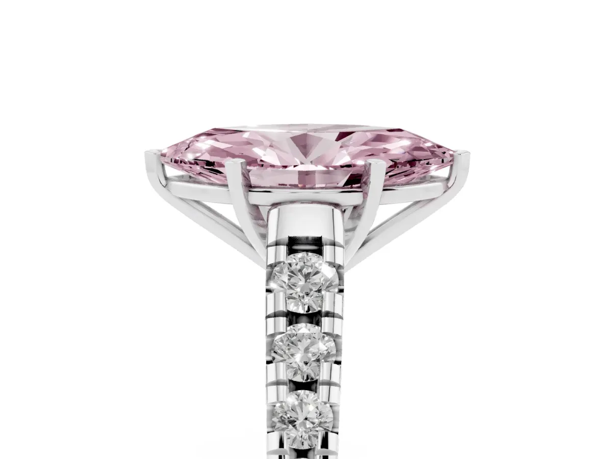 Fancy Pink Marquise Cut Diamond Cathedral Solitaire Ring with Round Pavé Band Silver