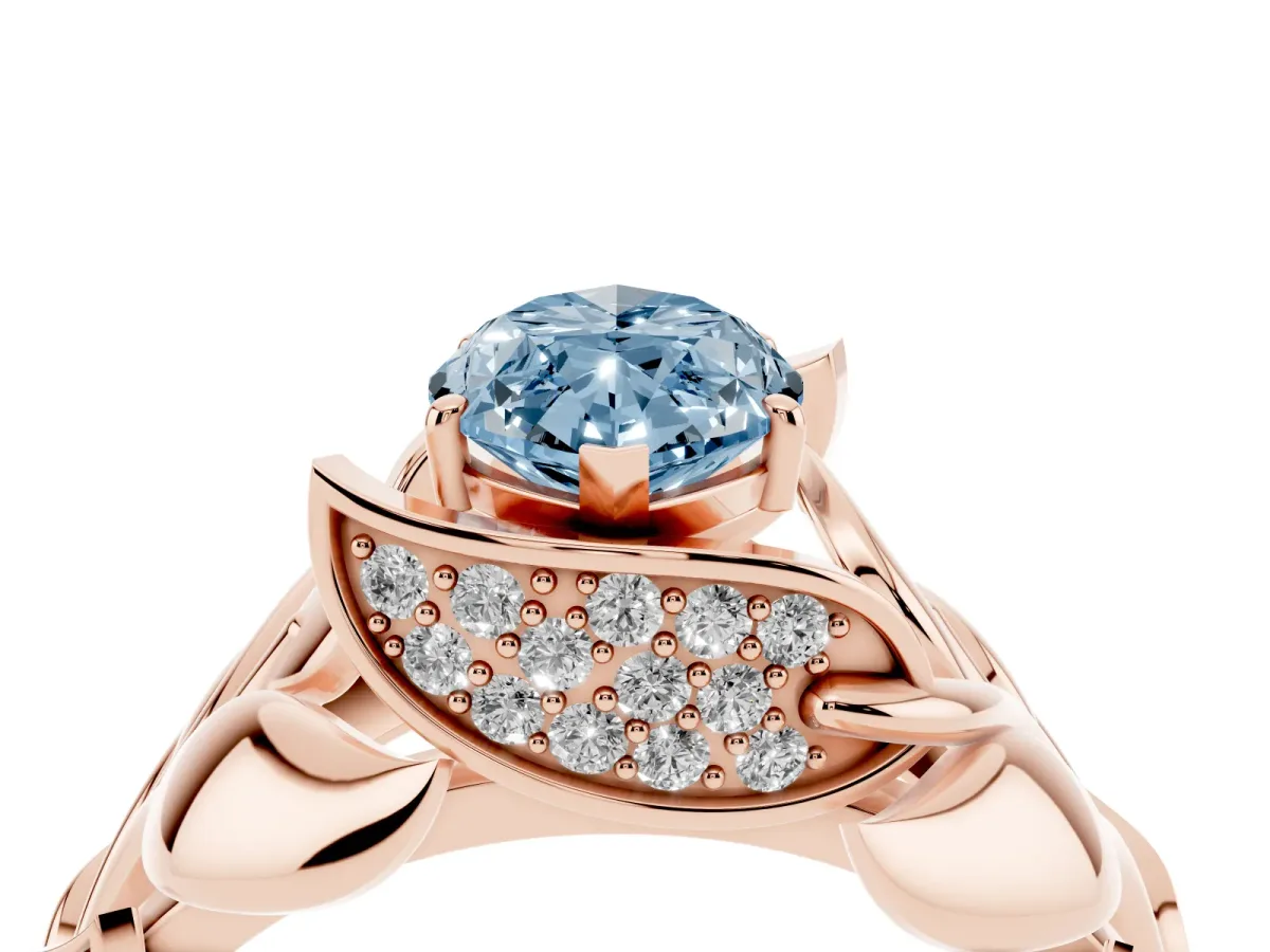 Fancy Blue Marquise Cut Diamond Leaf-Inspired Engagement Ring with Round Accents and Prong Setting Rose gold