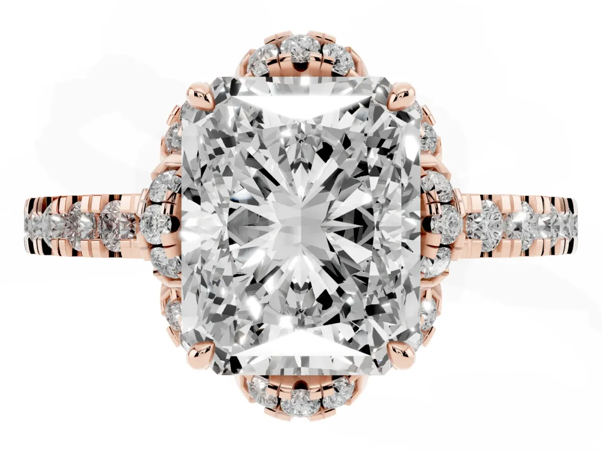 Radiant Cut Halo Diamond Pave Band Ring with Four-Prong Setting Rose gold