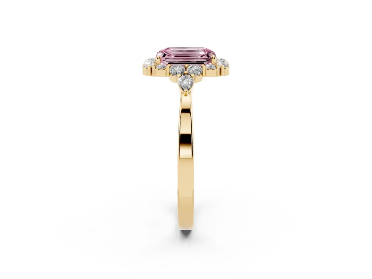 Fancy Pink Emerald Cut Diamond Halo Ring with Pear Side Stones and Prong Setting Yellow gold
