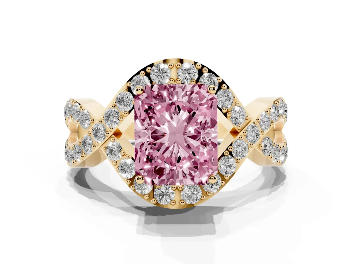 Fancy Pink Radiant Cut Solitaire Twist Band Pavé Diamond Engagement Ring Yellow gold