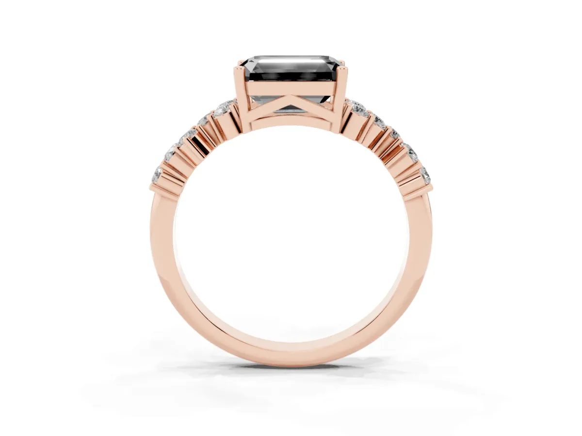 Fancy Black Emerald Cut Diamond Scattered Round Accent Ring with Prong Setting Rose gold