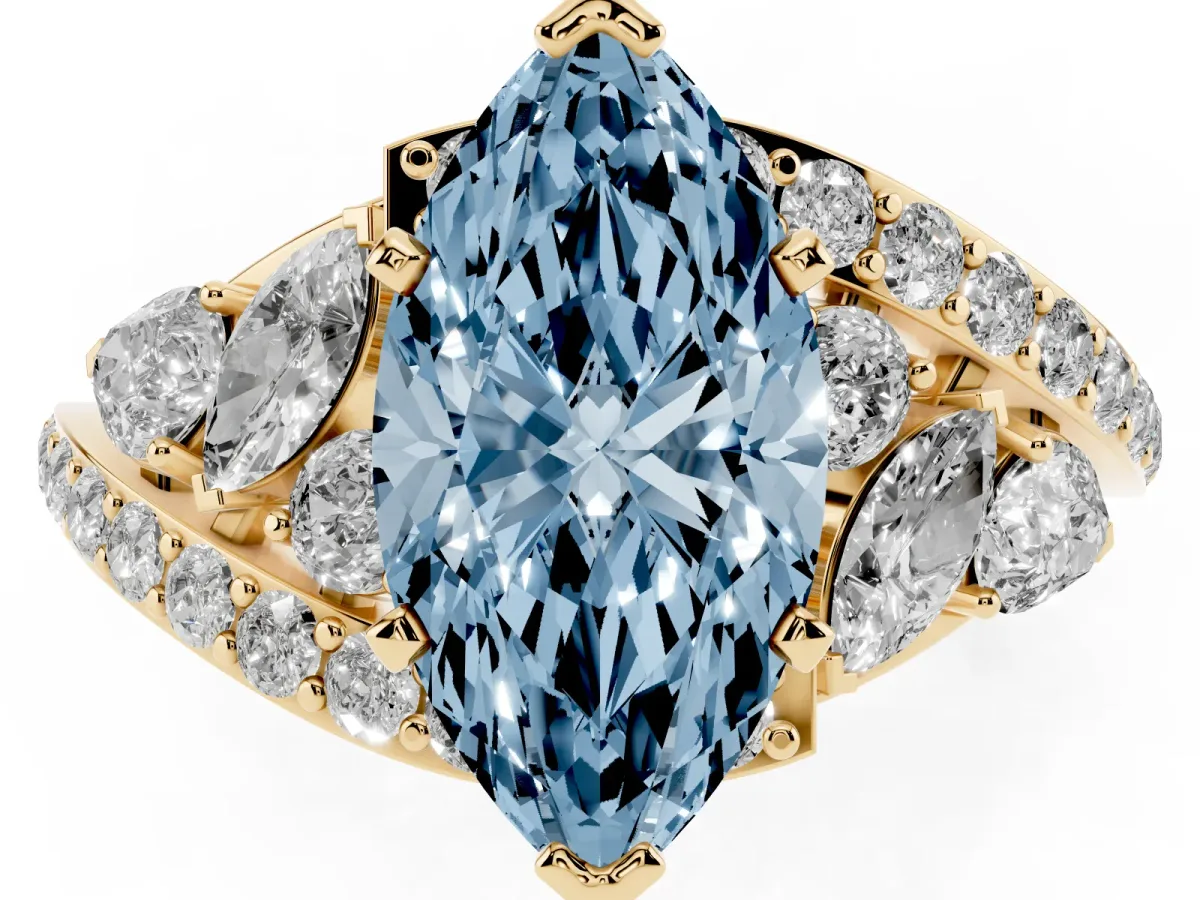 Fancy Blue Marquise Cut Diamond Halo Ring with Marquise and Pavé Band in Prong Setting Yellow gold