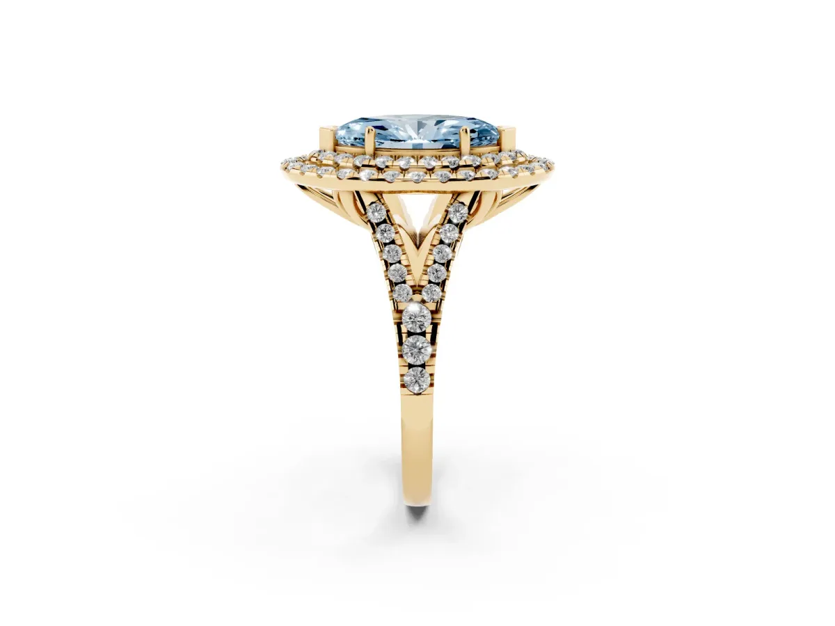 Fancy Blue Double Halo Marquise Cut Diamond Pavé Split Shank Ring with Prong Setting Yellow gold