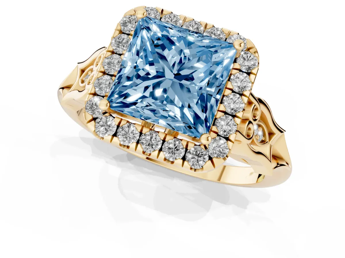 Fancy Blue Princess Cut Halo Diamond Engagement Ring with Filigree Band and Four-Prong Setting Yellow gold