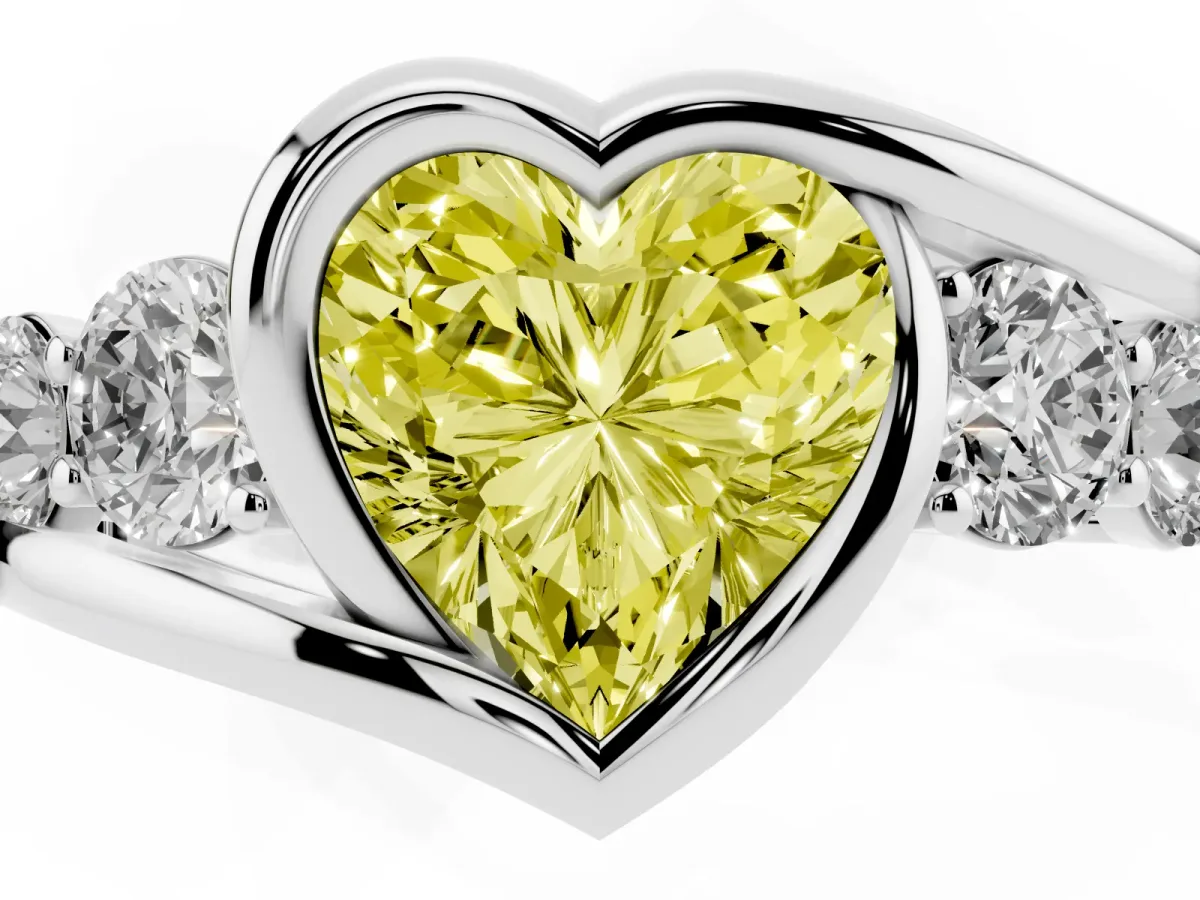 Fancy Yellow Bezel Set Heart Cut Diamond Bypass Ring with Round Accents Silver
