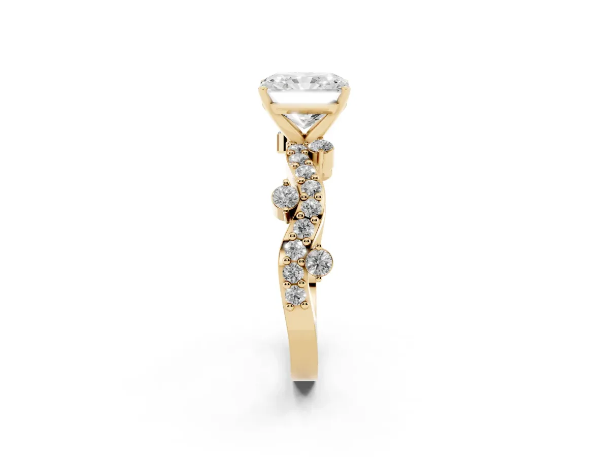 Radiant Cut Cut Solitaire Diamond Twisted Band with Pave Setting Yellow gold