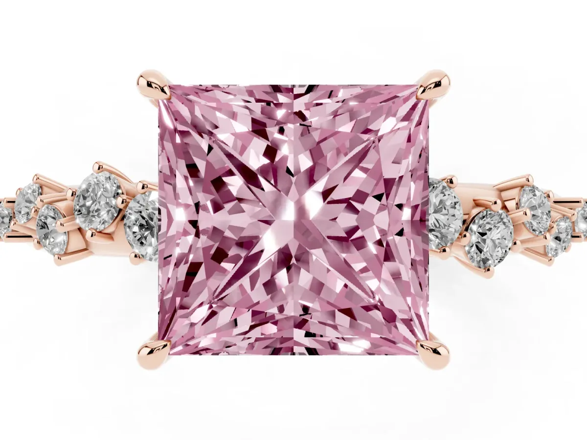 Fancy Pink Princess Cut Diamond Cluster Side Stone Solitaire Ring with Prong Setting Rose gold