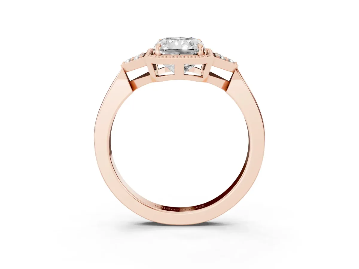Hexagonal Halo Radiant Cut Diamond Solitaire with Pavé Band and Four-Prong Setting Rose gold