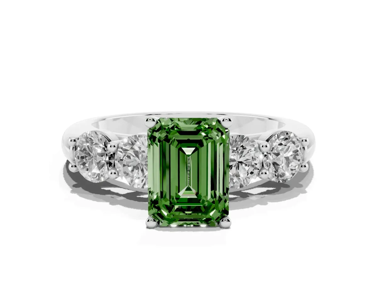 Fancy Green Emerald Cut Cut Five-Stone Prong Set Diamond Ring with Classic Band Silver