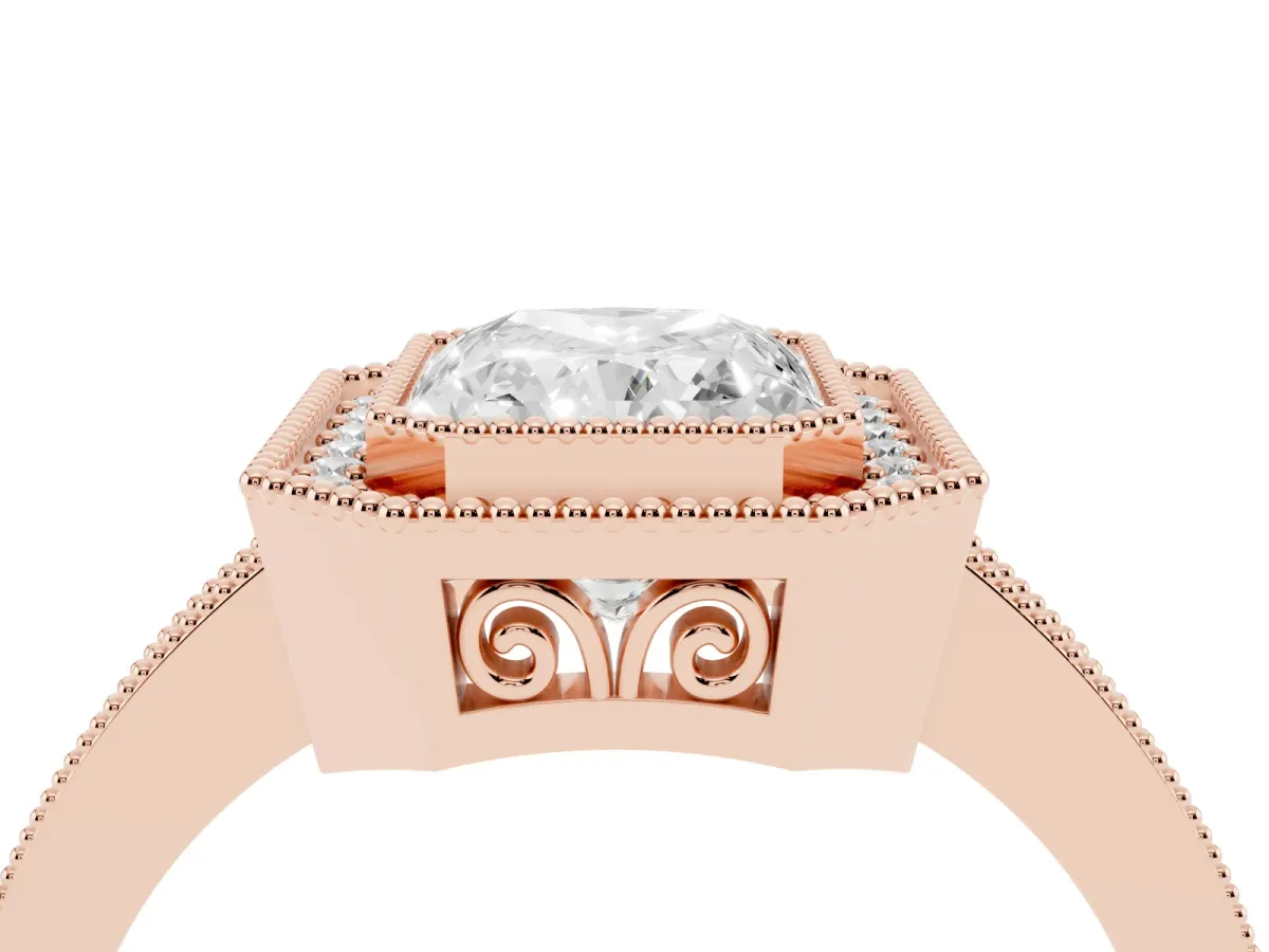 Radiant Cut Cut Halo Diamond Ring with Pavé Band and Milgrain Prong Setting Rose gold