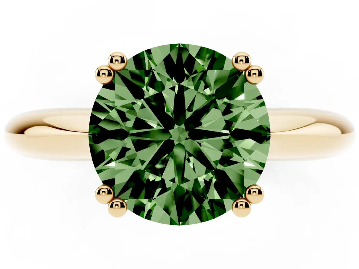 Fancy Green Round Cut Cut Solitaire Engagement Ring with Tapered Band and Four-Prong Setting Yellow gold