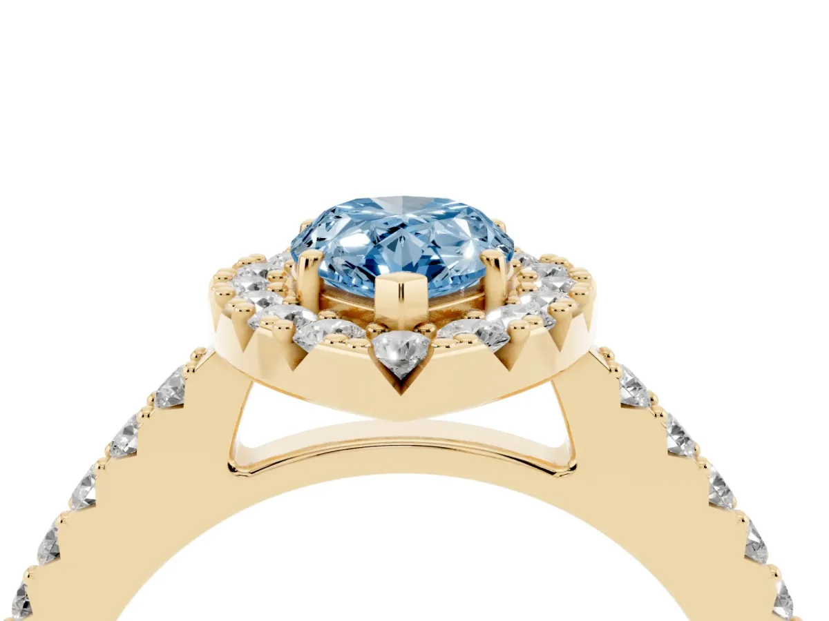 Fancy Blue Pear Cut Halo Diamond Pavé Solitaire Ring Yellow gold