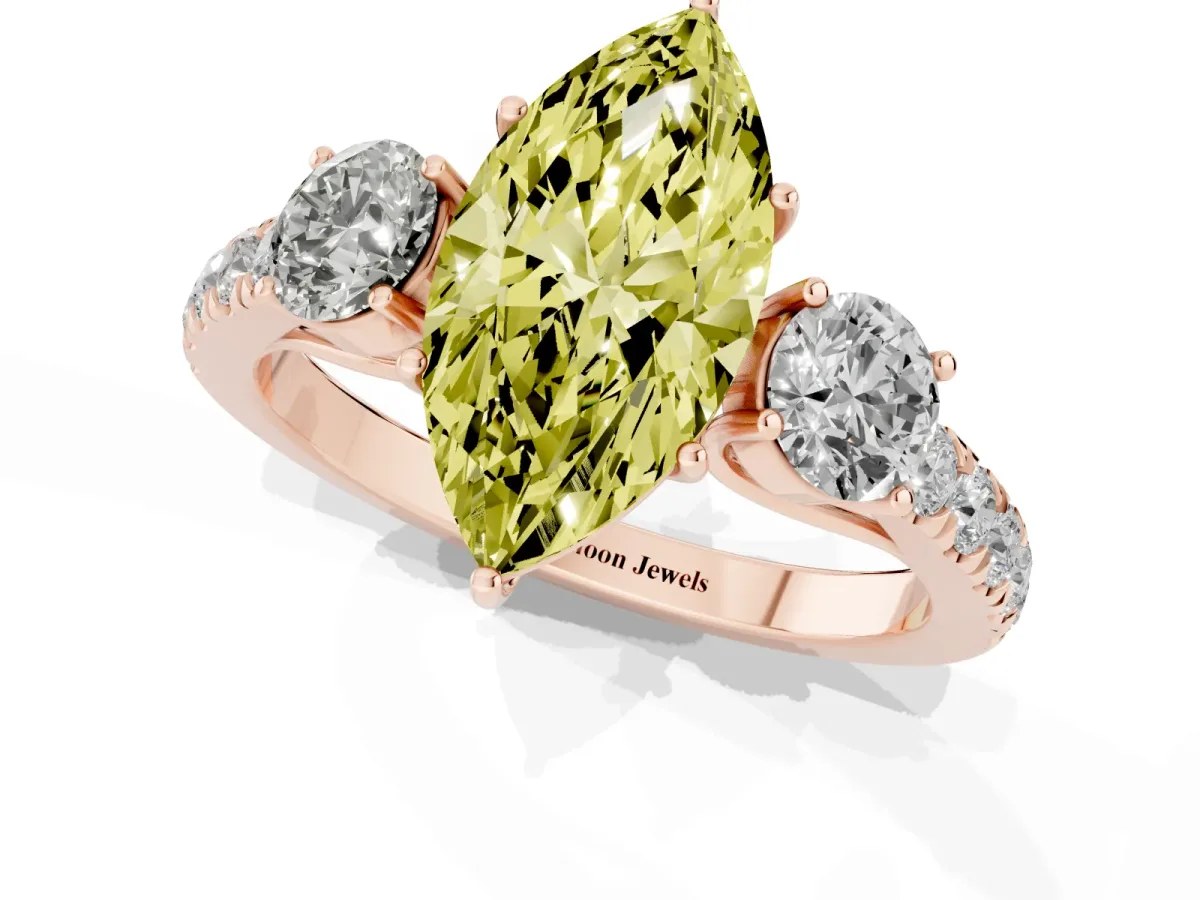 Fancy Yellow Marquise Cut Cut Diamond Three-Stone Ring with Round Side Stones and Pavé Band Rose gold