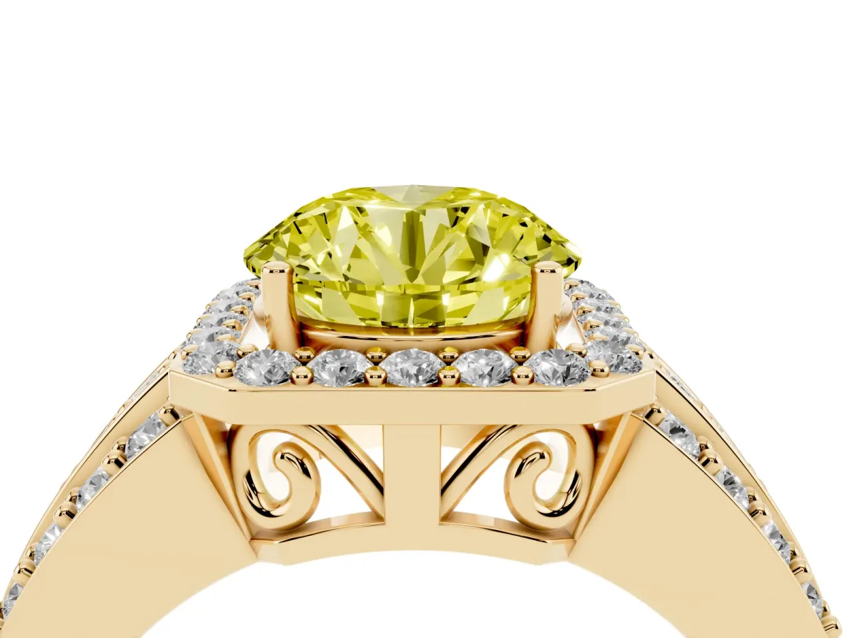 Fancy Yellow Round Cut Halo Diamond Ring with Round Split Shank and Prong Setting Yellow gold