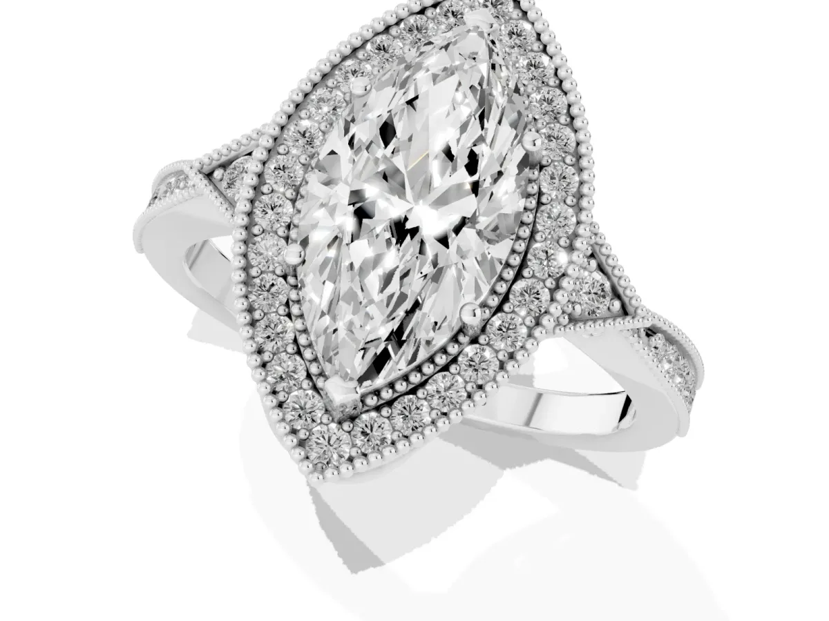 Marquise Cut Halo Round Diamond Milgrain Pave Engagement Ring Silver
