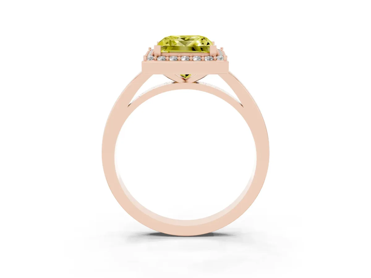 Fancy Yellow Princess Cut Halo Diamond Ring with Solitaire Band and Prong Setting Rose gold