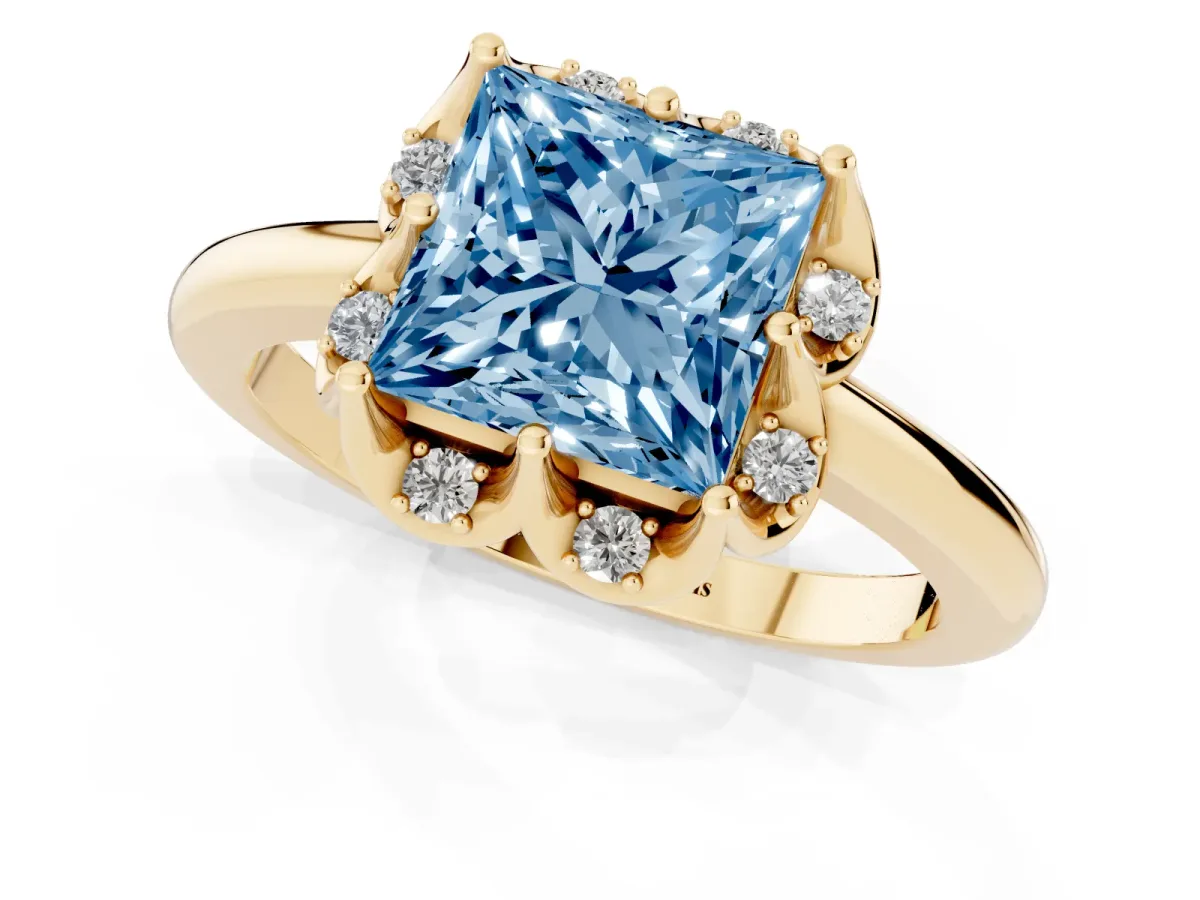 Fancy Blue Princess Cut Halo Diamond Ring with Round Cluster Setting, Solitaire Band, and Four-Prong Setting Yellow gold
