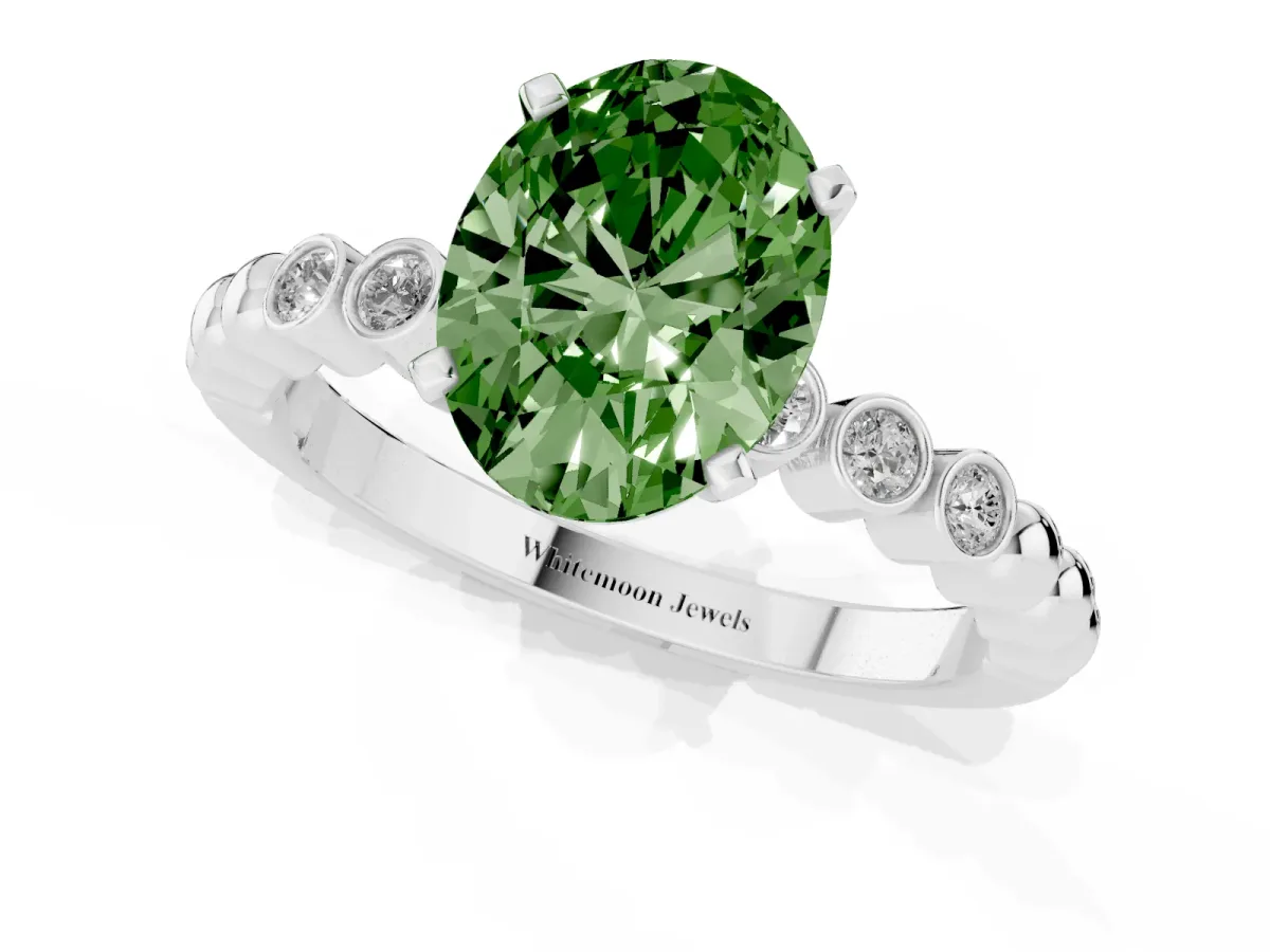 Fancy Green Oval Cut Solitaire Bezel Accent Diamond Engagement Ring with Beaded Band and Four-Prong Setting Silver