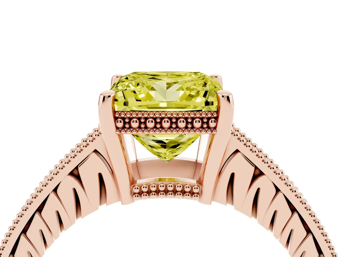 Fancy Yellow Princess Cut Solitaire Pavé Diamond Milgrain Engagement Ring with Four-Prong Setting Rose gold