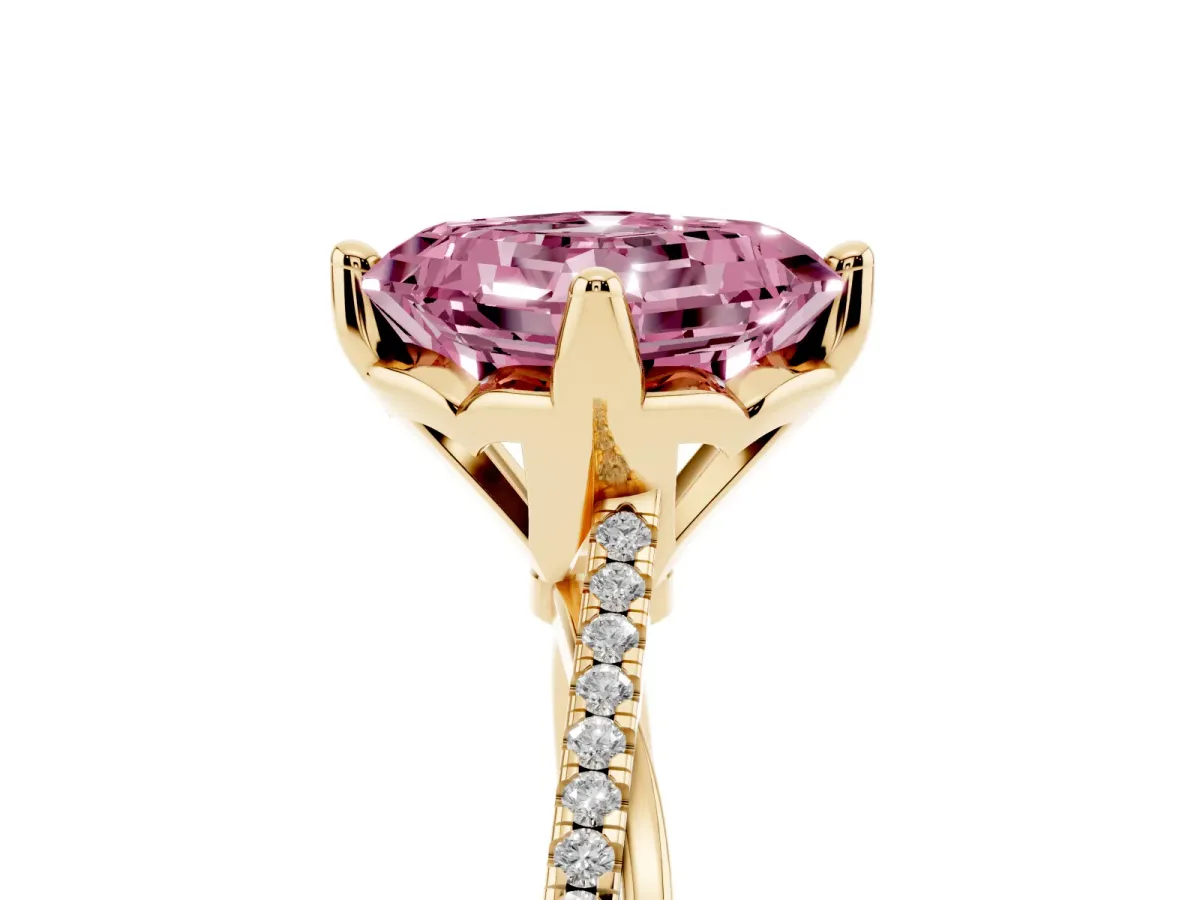 Fancy Pink Asscher Cut Solitaire Twist Band with Pavé Diamonds and Four-Prong Setting Yellow gold