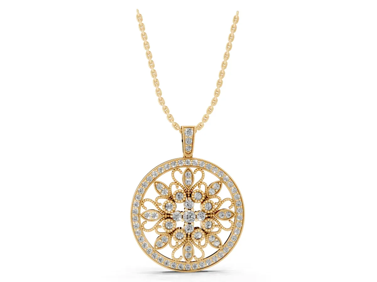 Round Pavé Diamond Filigree Pendant Yellow gold