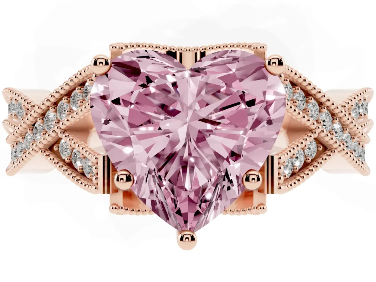 Fancy Pink Heart Cut Cut Diamond Twisted Band with Milgrain Pave Setting and Four-Prong Setting Rose gold